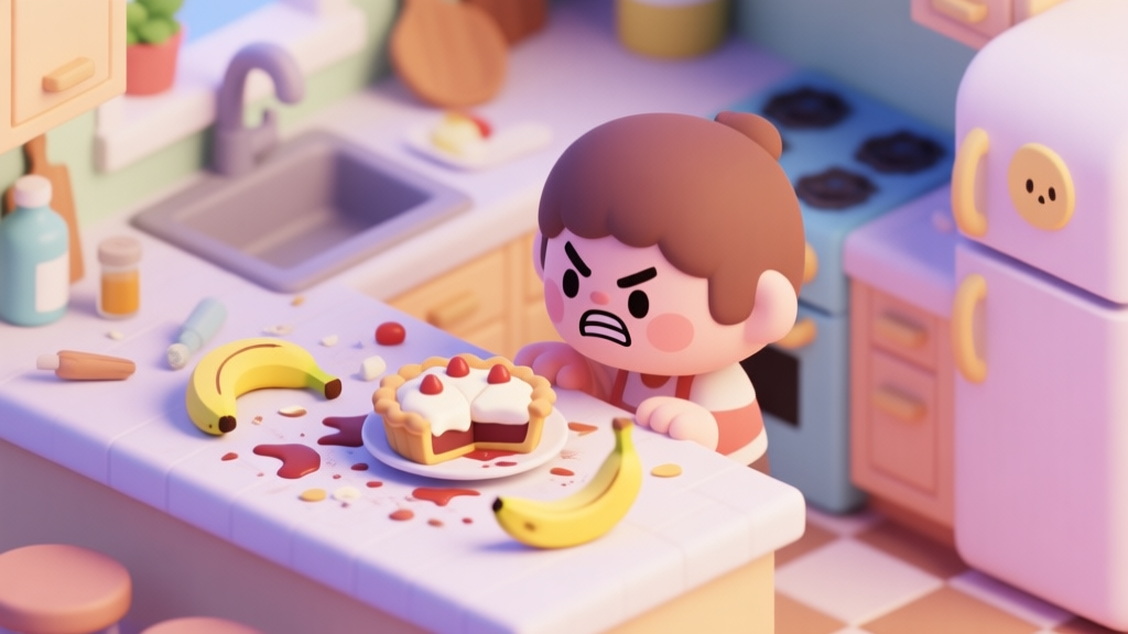 A frustrated game character in a cute kitchen, looking at a messy counter with spilled ingredients and a failed banana split pie, soft pastel colors, isometric view high quality illustration, detailed, 16:9