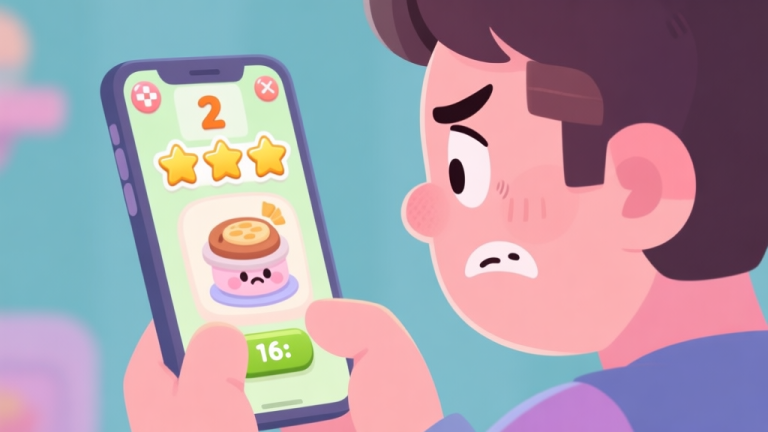 自动生成图片: A frustrated gamer looking at a mobile screen showing a 2-star rating in a cute cooking game, soft pastel colors, cartoon style high quality illustration, detailed, 16:9