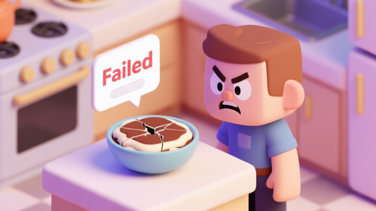 自动生成图片: A frustrated game character in a cartoon kitchen, looking at a cracked virtual bowl of tiramisu with a "Failed" pop-up message, soft pastel colors, isometric view high quality illustration, detailed, 16:9