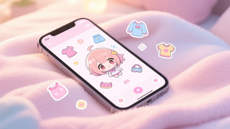 自动生成图片: A cozy, inviting scene of a smartphone on a soft pastel blanket, screen showing a cute anime-style character surrounded by floating clothing and accessory icons, soft lighting, kawaii aesthetic high quality illustration, detailed, 16:9