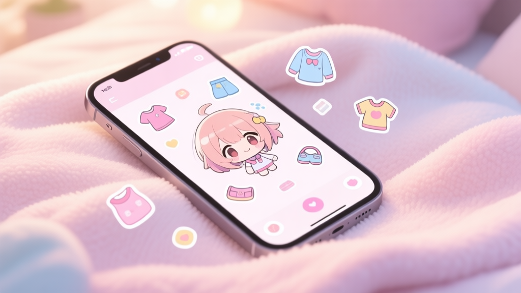 A cozy, inviting scene of a smartphone on a soft pastel blanket, screen showing a cute anime-style character surrounded by floating clothing and accessory icons, soft lighting, kawaii aesthetic high quality illustration, detailed, 16:9