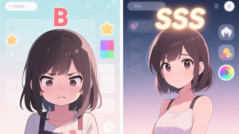 自动生成图片: A split-screen illustration showing a frustrated anime-style girl on the left with a 'B' score above her head and a confused expression, and a confident girl on the right with a glowing 'SSS' score. In the background, subtle UI elements like hidden stars, color palettes, and theme icons are faintly visible. Soft pastel color scheme. high quality illustration, detailed, 16:9