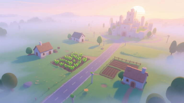 自动生成图片: A serene, top-down view of a budding kingdom at dawn, with a few simple buildings, a small farm, and a single road, surrounded by mild fog, soft pastel color palette, peaceful and hopeful game scene illustration high quality illustration, detailed, 16:9