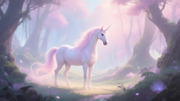 自动生成图片: A magical and serene digital painting of a beautiful unicorn in a pastel-colored enchanted forest, soft lighting, ethereal atmosphere, trending on ArtStation, fantasy game art style high quality illustration, detailed, 16:9