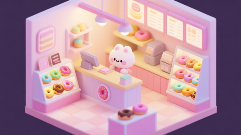 自动生成图片: A cozy, pastel-colored donut shop interior in an isometric view, with cute cartoon character behind the counter, various colorful donuts on display, soft lighting, flat illustration style high quality illustration, detailed, 16:9
