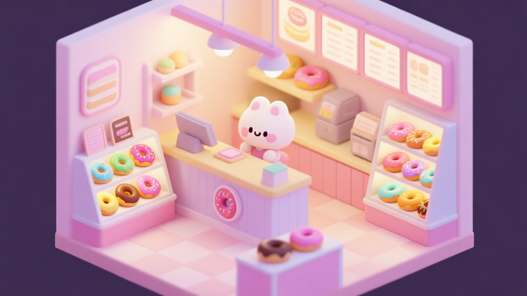 A cozy, pastel-colored donut shop interior in an isometric view, with cute cartoon character behind the counter, various colorful donuts on display, soft lighting, flat illustration style high quality illustration, detailed, 16:9