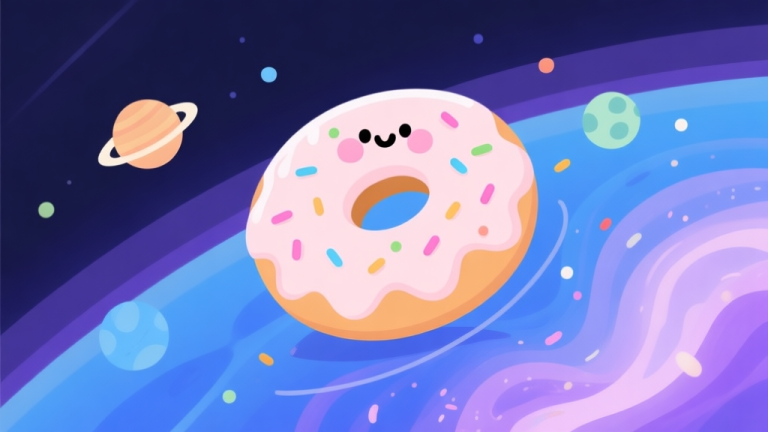 自动生成图片: A playful and whimsical illustration showing a cute donut character floating in space, with tiny planets as sprinkles and a nebula as its icing, soft pastel colors mixed with deep blues and purples, flat design style high quality illustration, detailed, 16:9