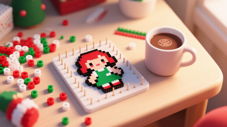 自动生成图片: A cozy crafting table with scattered Perler beads in festive red, white, and green colors, a partially completed Betsy doll bead sprite on a pegboard, next to a cup of hot chocolate, soft natural lighting, flat lay style high quality illustration, detailed, 16:9