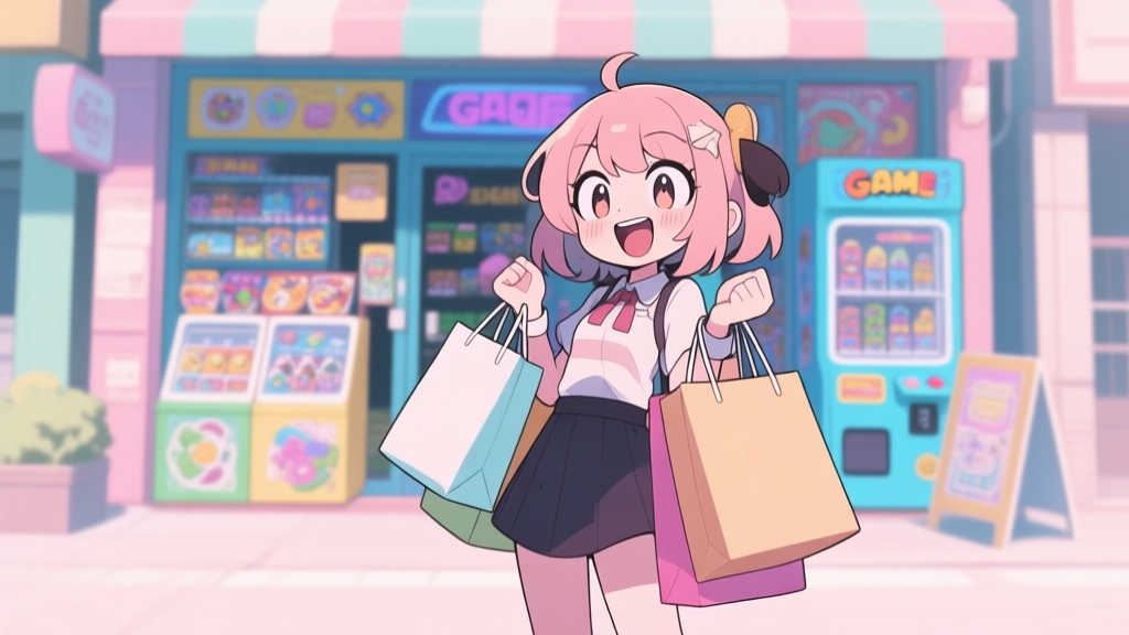 A stylized, friendly anime-style character with shopping bags, standing in front of a vibrant game item shop, with a mix of excitement and mischief in her expression, soft pastel color palette high quality illustration, detailed, 16:9