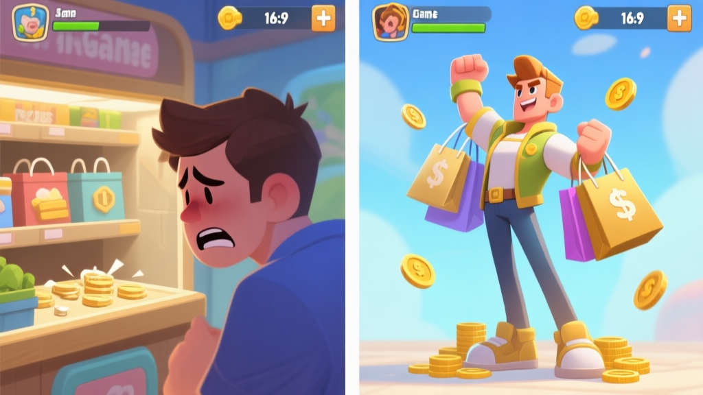 A split-screen illustration showing two contrasting game scenes. On the left, a frustrated player looks at a depleted in-game shop. On the right, a confident player's character, stylized with shopping bags and coins, stands triumphantly. Soft pastel color scheme with blues and golds. high quality illustration, detailed, 16:9