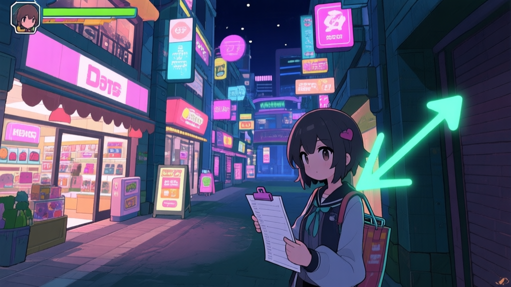 A vibrant, stylized video game scene of a bustling Tokyo-inspired shopping district at night, with neon signs for in-game shops, a character holding a shopping list, and glowing markers highlighting hidden alleys and special items, anime-inspired art style high quality illustration, detailed, 16:9
