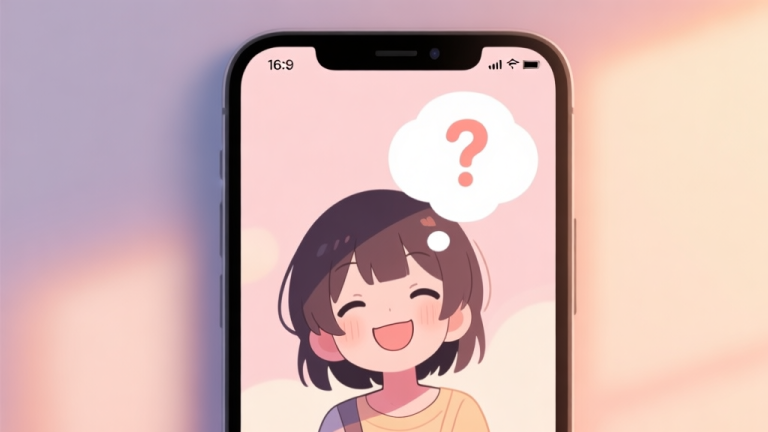 自动生成图片: A cozy, inviting illustration of a smartphone screen showing a friendly, stylized anime-style character smiling, with a thought bubble containing a question mark. Soft pastel background with warm lighting, flat design style. high quality illustration, detailed, 16:9