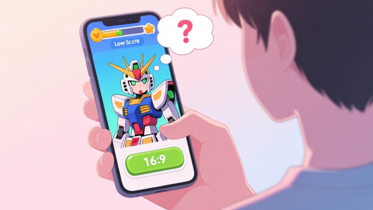 自动生成图片: A person holding a smartphone showing a colorful quiz game interface with a mecha anime character, looking slightly confused, with a thought bubble containing a question mark and a low score number, in a soft pastel color palette high quality illustration, detailed, 16:9