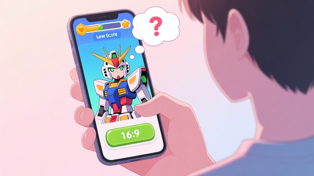 A person holding a smartphone showing a colorful quiz game interface with a mecha anime character, looking slightly confused, with a thought bubble containing a question mark and a low score number, in a soft pastel color palette high quality illustration, detailed, 16:9