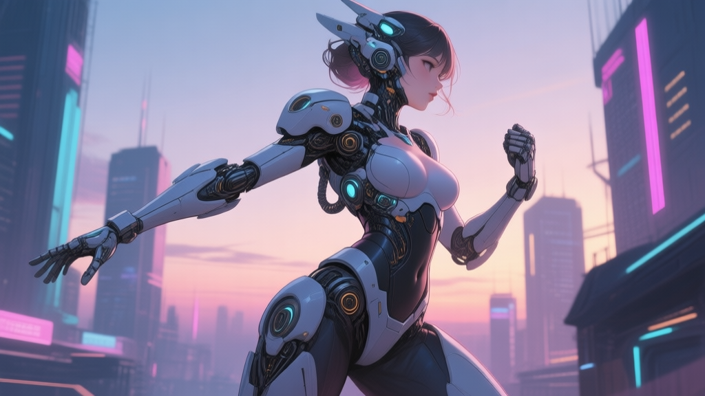 A stylized illustration of a Mecha Girl character in a dynamic pose, blending organic feminine curves with sleek, intricate mechanical armor parts, set against a futuristic cityscape at dusk, soft neon color palette high quality illustration, detailed, 16:9