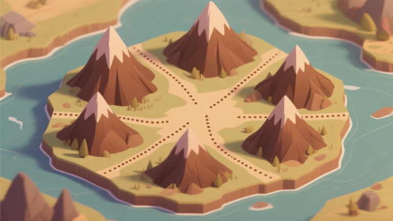 自动生成图片: A fantasy game map illustration showing five distinct, stylized brown mountains in a circle, with dotted paths leading to each, soft earthy color palette, isometric view high quality illustration, detailed, 16:9
