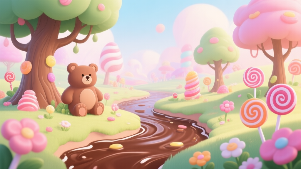 Whimsical landscape of a candy land with a chocolate river, gummy bear trees, and lollipop flowers, soft pastel color palette, dreamy illustration style high quality illustration, detailed, 16:9