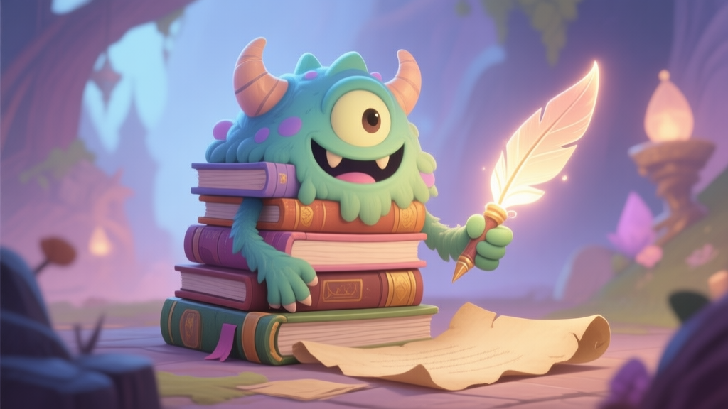 A whimsical, friendly monster made of stacked books and parchment in a fantasy game setting, holding a glowing quill, soft pastel color palette, digital art style high quality illustration, detailed, 16:9