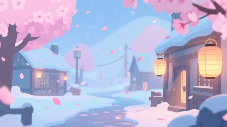 自动生成图片: A serene in-game winter scene with cherry blossom petals falling on a snowy village, soft pastel colors of pink and blue, lanterns glowing warmly, minimalist game art style high quality illustration, detailed, 16:9