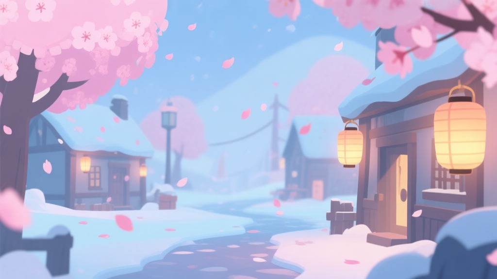 A serene in-game winter scene with cherry blossom petals falling on a snowy village, soft pastel colors of pink and blue, lanterns glowing warmly, minimalist game art style high quality illustration, detailed, 16:9