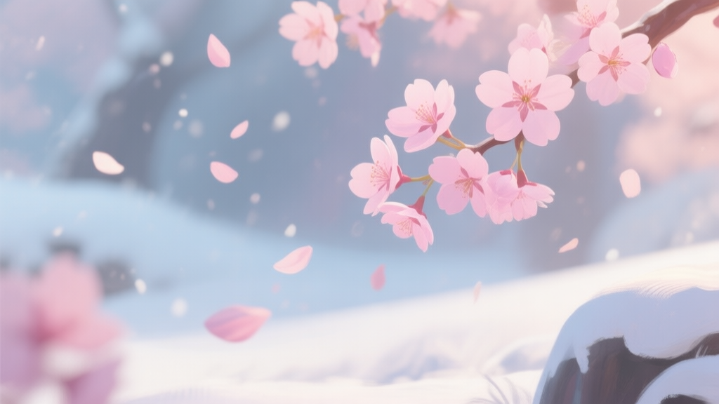 A serene, dreamlike video game scene showing delicate pink cherry blossoms (sakura) gently falling against a soft, snowy winter backdrop, blending warm and cool tones, in a painterly digital art style high quality illustration, detailed, 16:9