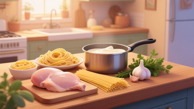 自动生成图片: A cozy, softly lit home kitchen scene with ingredients for chicken fettuccine neatly arranged on a wooden counter: raw chicken breast, fresh fettuccine pasta, a pot of cream, garlic, and herbs, in a warm and inviting color palette high quality illustration, detailed, 16:9