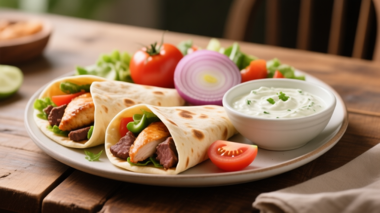 自动生成图片: A beautifully arranged platter of homemade chicken and beef gyros, with warm pita bread, fresh vegetables like tomatoes and onions, and a bowl of creamy tzatziki sauce, on a rustic wooden table, soft natural lighting, appetizing food photography style high quality illustration, detailed, 16:9