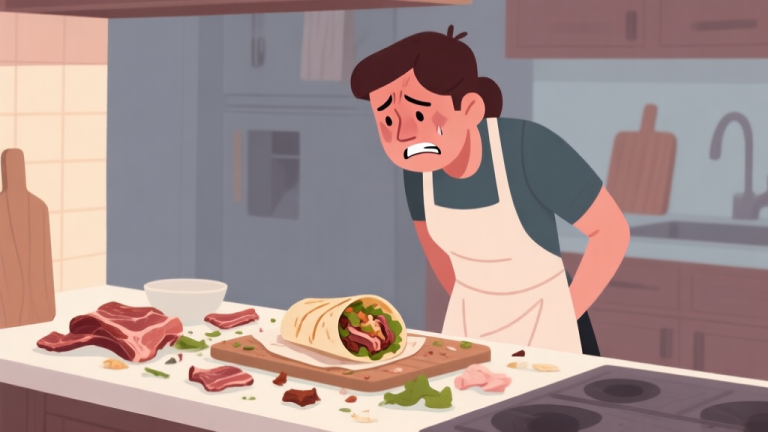 自动生成图片: A frustrated home cook looking at a failed gyros attempt on a kitchen counter, with dry meat and messy ingredients, soft lighting, muted colors, flat illustration style high quality illustration, detailed, 16:9