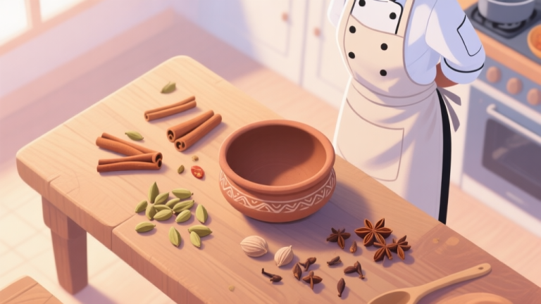 自动生成图片: A welcoming and cozy cooking class scene, top-down view on a wooden table with scattered whole spices (cinnamon, cardamom, cloves), an empty traditional clay pot (handi), and a chef's apron, in a soft, natural light with pastel tones high quality illustration, detailed, 16:9