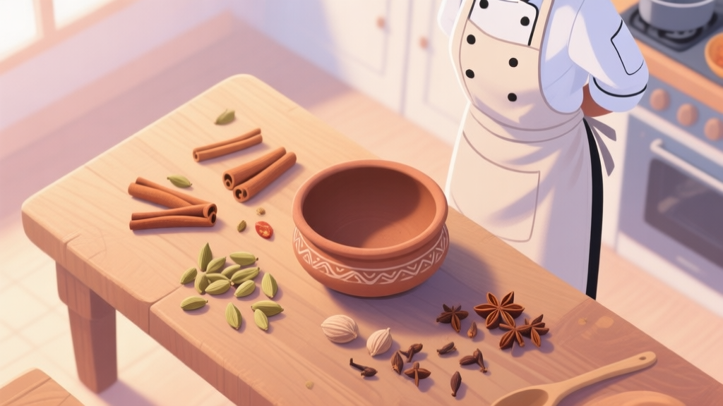 A welcoming and cozy cooking class scene, top-down view on a wooden table with scattered whole spices (cinnamon, cardamom, cloves), an empty traditional clay pot (handi), and a chef's apron, in a soft, natural light with pastel tones high quality illustration, detailed, 16:9