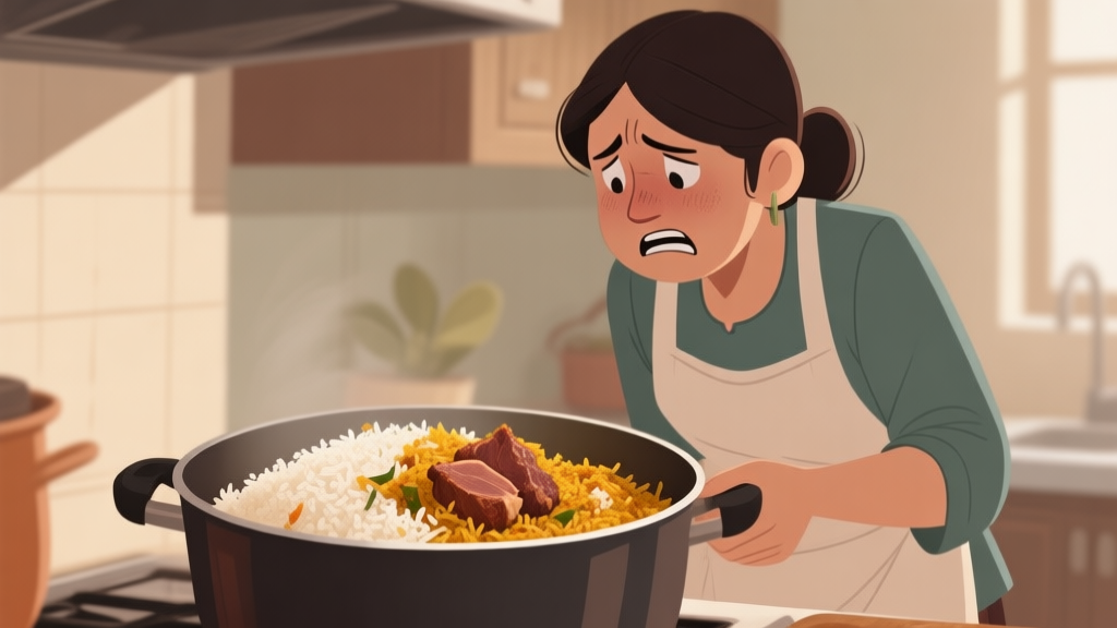 A frustrated home cook looking at a pot of failed biryani with overcooked rice and tough meat, soft natural kitchen lighting, muted earth tone colors high quality illustration, detailed, 16:9
