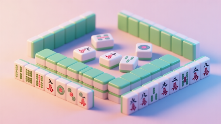 自动生成图片: A 3D rendered scene of a Mahjong tile layout in soft, inviting colors, with some tiles glowing subtly to indicate they are free for matching, viewed from a slight angle to show depth, soft shadows, pastel background high quality illustration, detailed, 16:9