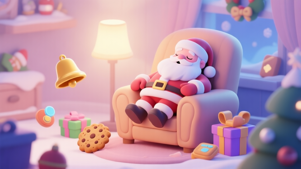 A cozy, softly lit game scene showing a sleeping Santa Claus in an armchair, with various interactive holiday objects like a bell, cookie, and gift box scattered around, in a gentle pastel color palette high quality illustration, detailed, 16:9