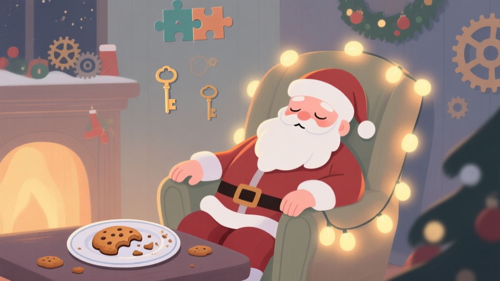 Cozy, warm Christmas room scene with a sleeping Santa in an armchair, soft glowing lights, a half-eaten cookie plate, and subtle puzzle elements like hidden keys and gears in the background, rendered in a soft, painterly 2D art style with a muted color palette high quality illustration, detailed, 16:9