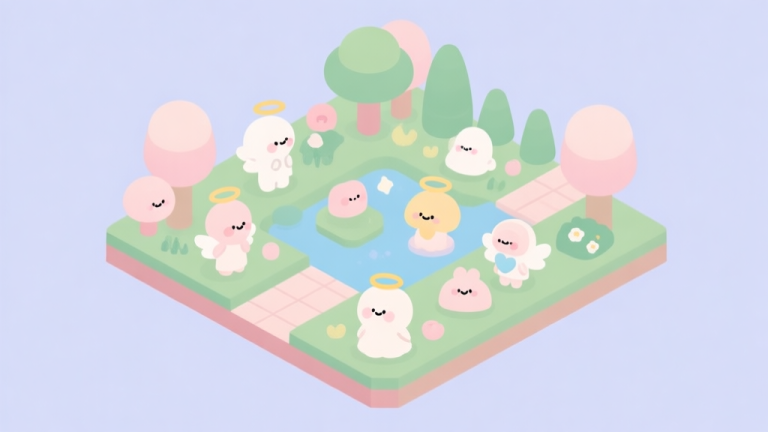 自动生成图片: A serene, isometric illustration of a digital garden with various cute, divine-themed doodle characters peacefully coexisting, soft pastel color palette, clean lines, flat design style high quality illustration, detailed, 16:9