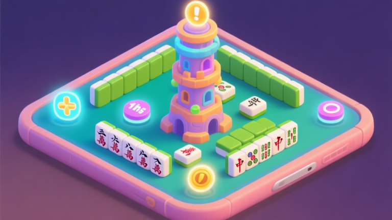 自动生成图片: A vibrant, isometric view of a mobile game screen showing a Mahjong Tower level with various glowing power-up icons like shuffle, hint, and undo, placed strategically around the tile layout, soft game-like color palette high quality illustration, detailed, 16:9