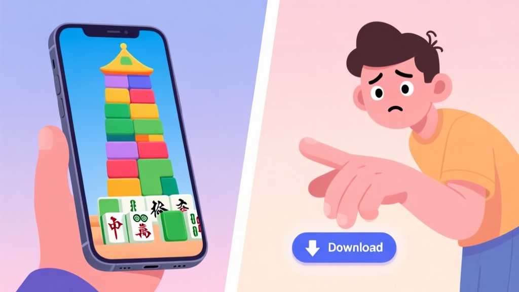 A split-screen illustration showing a smartphone with a colorful Mahjong tower puzzle on one side, and a confused but curious casual gamer's hand hovering over a download button on the other, in a soft pastel color palette high quality illustration, detailed, 16:9