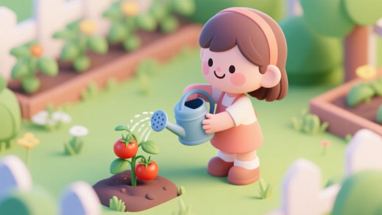 自动生成图片: A cheerful isometric illustration of a little girl in a garden, holding a watering can next to a small tomato plant. The art style is bright, cartoonish, and friendly, with soft colors. high quality illustration, detailed, 16:9