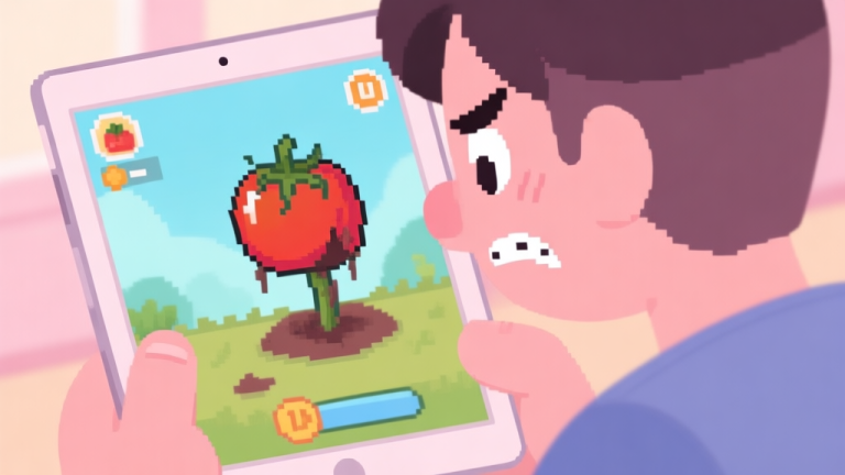 自动生成图片: A frustrated player looking at a tablet screen showing a wilted pixel-art tomato plant in a cute gardening game, soft pastel colors, cartoon style high quality illustration, detailed, 16:9