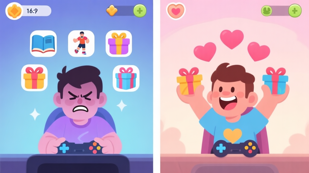 A split-screen illustration showing a frustrated game player on one side with mismatched gift icons (like a book for a sporty character), and a happy player on the other side with matching gifts and rising friendship hearts, in a soft pastel game UI style high quality illustration, detailed, 16:9