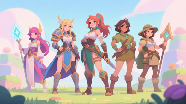 自动生成图片: A vibrant, friendly illustration showing diverse female game avatars in different styles (healer, warrior, strategist, explorer) standing together in a game-like environment, soft pastel color palette, anime-inspired but generic design high quality illustration, detailed, 16:9