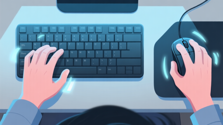 自动生成图片: A top-down view of a gamer's hands on a keyboard and mouse during an intense moment, with soft glow effects representing rapid clicks and actions, in a calm blue and grey color scheme high quality illustration, detailed, 16:9