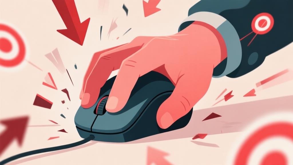 An abstract illustration of a gamer's hand on a mouse during a chaotic moment, with misdirected arrows and missed click targets floating around, in a soft, muted color palette with hints of red for frustration high quality illustration, detailed, 16:9