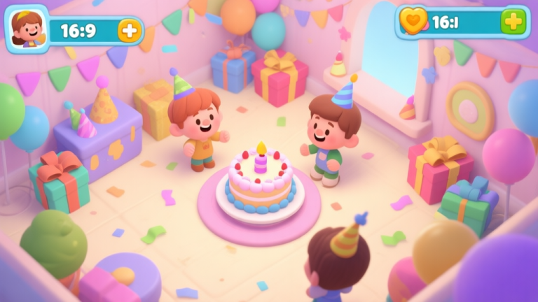 自动生成图片: A cheerful, top-down view of a virtual birthday party scene in a children's game style, with a cake, presents, and colorful decorations, soft pastel color palette, inviting and slightly whimsical high quality illustration, detailed, 16:9