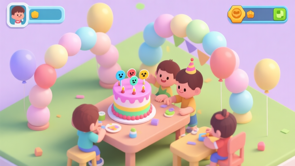 A vibrant, isometric illustration of a child's birthday party scene with elements from a casual mobile game: a colorful birthday cake with simple game character toppers, balloon arches in pastel colors, and children engaged in playful, table-top activities, all in a soft, inviting color palette high quality illustration, detailed, 16:9