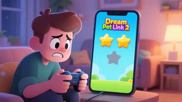 自动生成图片: A frustrated gamer looking at a smartphone screen showing a Dream Pet Link 2 level with two stars, with a faint third star outline greyed out, in a cozy home setting, soft lighting, cartoonish illustration style high quality illustration, detailed, 16:9