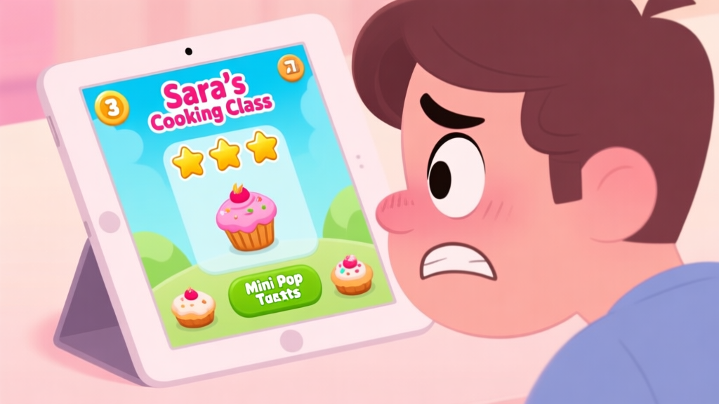 A frustrated player looking at a tablet screen showing Sara's Cooking Class game with a 3-star rating on the Mini Pop Tarts level, cartoon style, soft pastel colors high quality illustration, detailed, 16:9