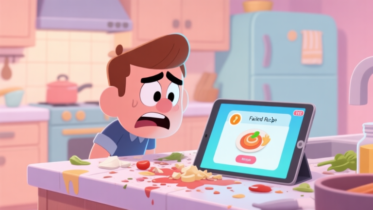 自动生成图片: A frustrated game character in a cartoon kitchen, looking at a messy counter with spilled ingredients and a failed recipe pop-up on a tablet screen, soft pastel colors high quality illustration, detailed, 16:9