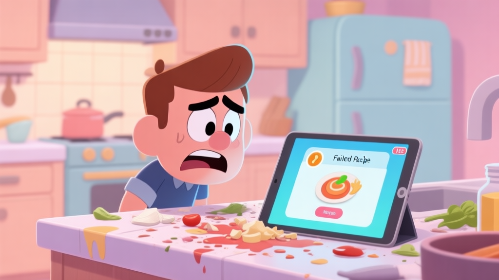 A frustrated game character in a cartoon kitchen, looking at a messy counter with spilled ingredients and a failed recipe pop-up on a tablet screen, soft pastel colors high quality illustration, detailed, 16:9