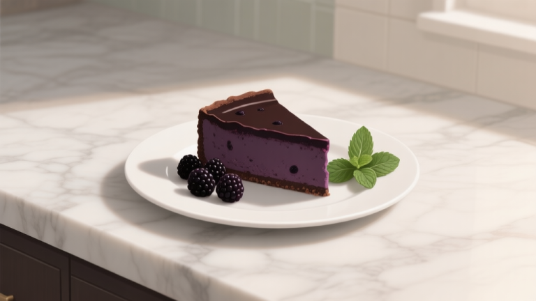 自动生成图片: A beautifully plated slice of dark chocolate blackberry cheesecake on a marble countertop, with a few fresh blackberries and a mint leaf, soft natural lighting, muted color palette high quality illustration, detailed, 16:9